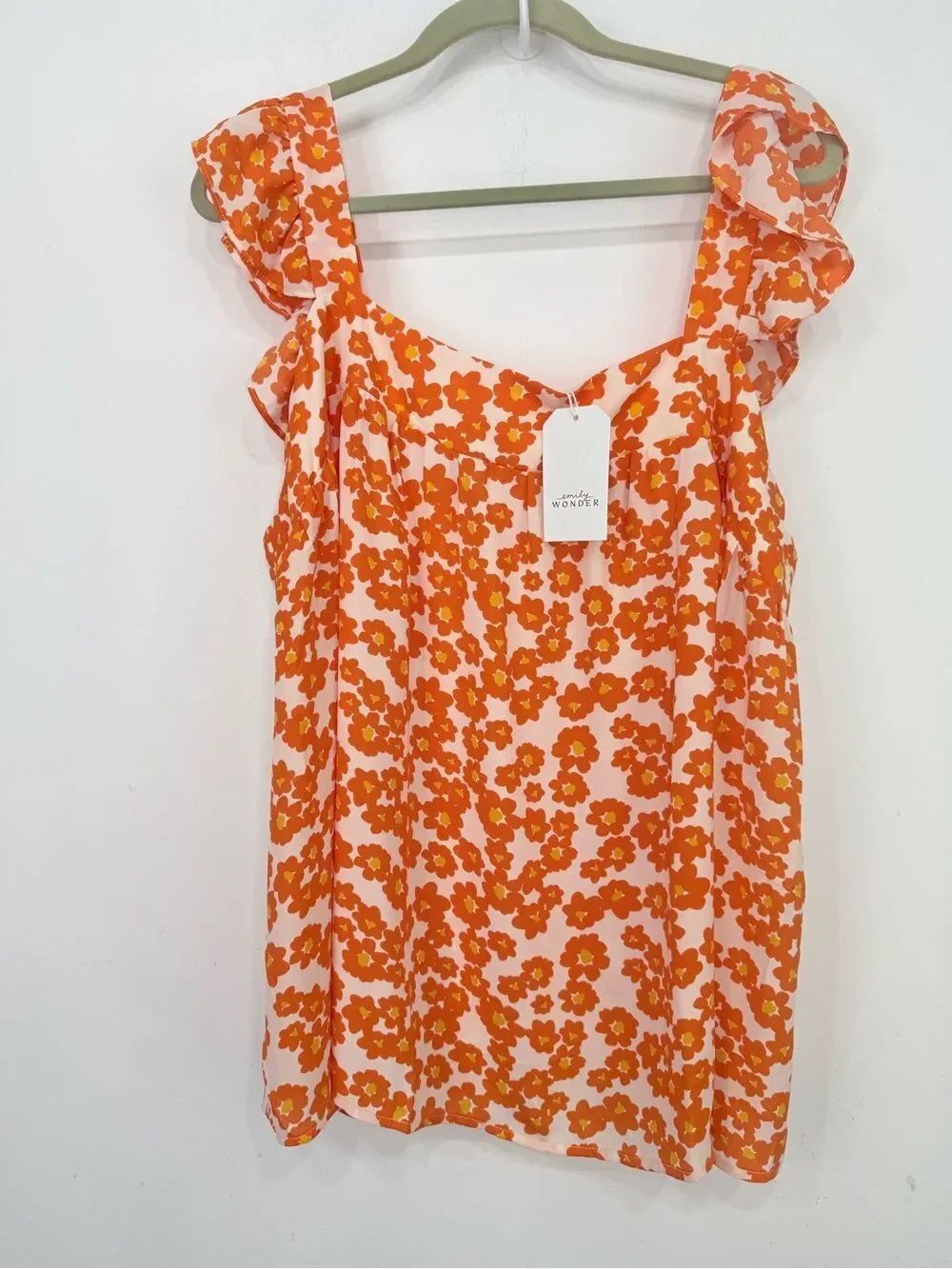 Emily Wonder White Orange Floral Ruffle Strap Sleeveless Flowy Tank Blouse NEW